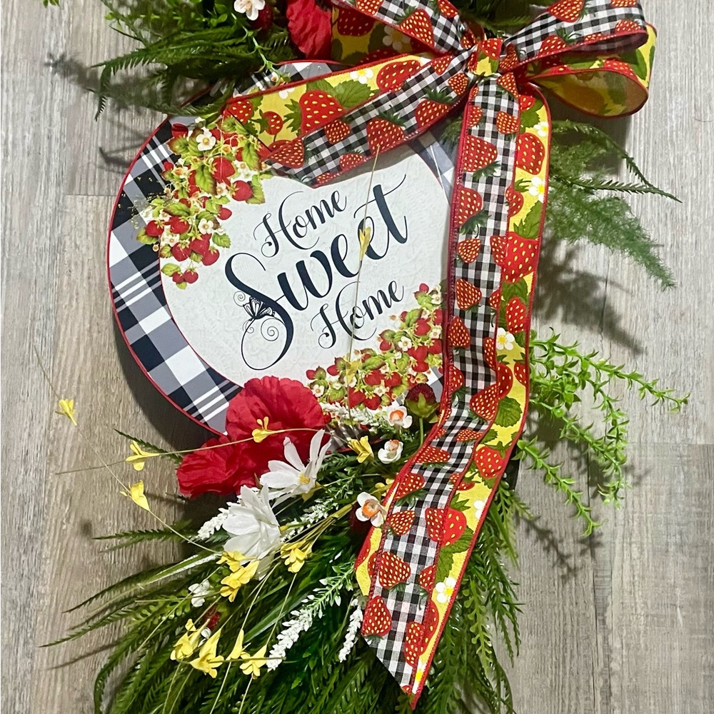 Home Sweet Home Floral Wreath with Red and Yellow Strawberry Accents